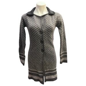 A.Ida Long Cardigan Sweater Diamond Pattern Faux Fur Collar Wool Blend